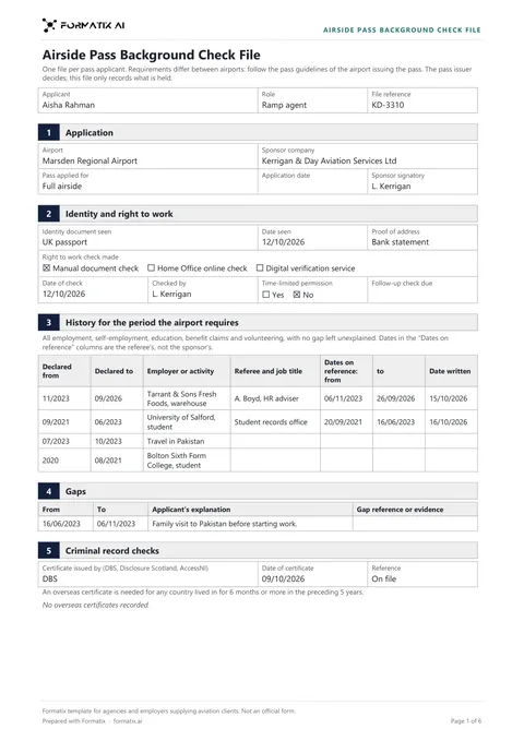 Airside pass background check file template, page 1: example in Formatix branding with fictional content
