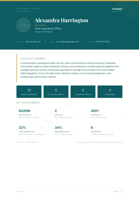 Banner Profile template, page 1: example in Formatix branding with a fictional candidate