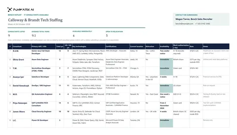 IT consultant bench hotlist template, sheet 1: example in Formatix branding with fictional content