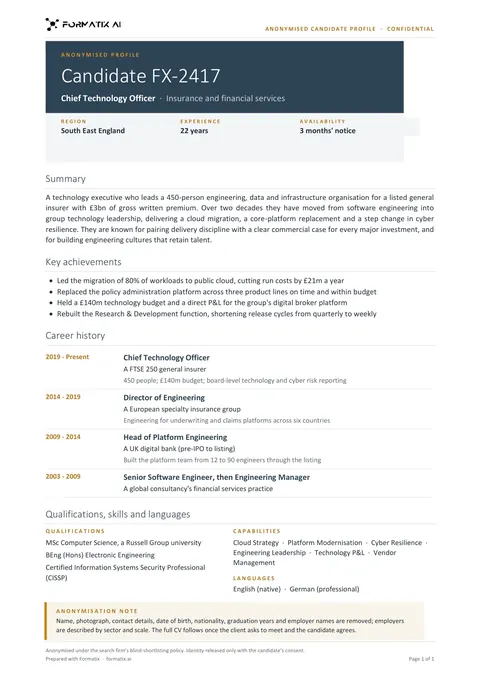 Blind profile template, page 1: example in Formatix branding with a fictional candidate