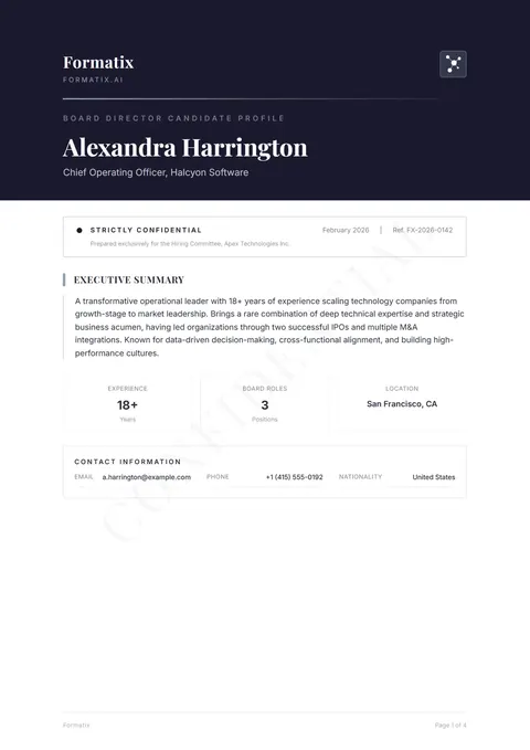 Board-Level Profile template, page 1: example in Formatix branding with a fictional candidate
