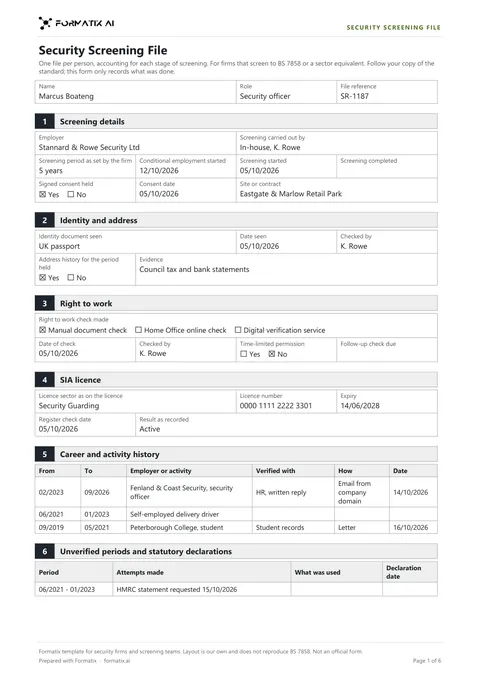 Security screening file (BS 7858) template, page 1: example in Formatix branding with fictional content
