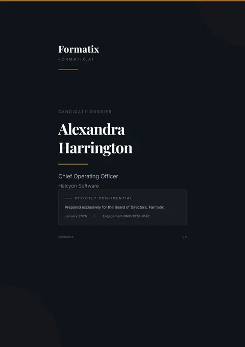 Candidate Dossier template, page 1: example in Formatix branding with a fictional candidate