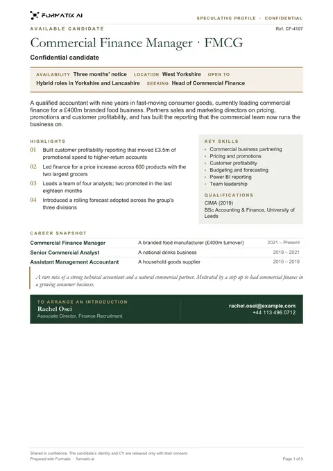 Candidate marketing profile template, page 1: example in Formatix branding with fictional content