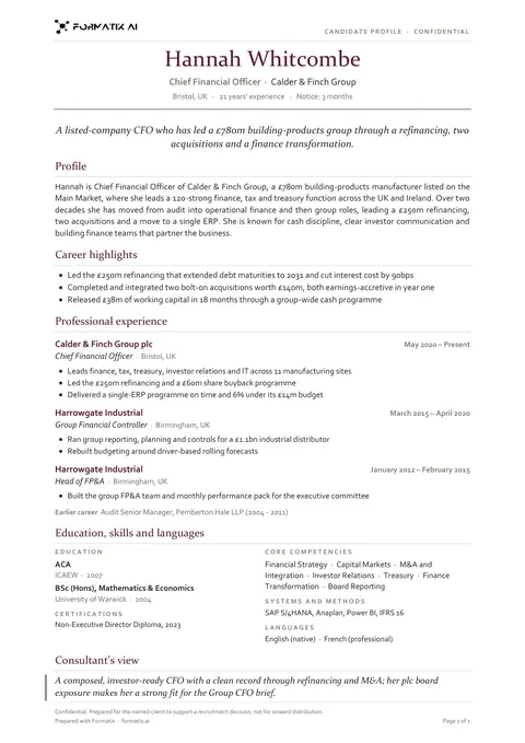 Candidate profile (classic) template, page 1: example in Formatix branding with a fictional candidate
