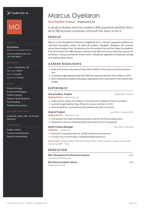 Candidate profile (modern) template, page 1: example in Formatix branding with a fictional candidate