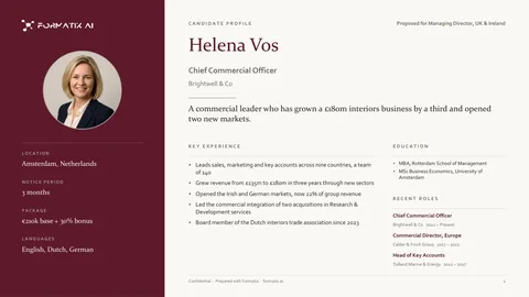 Candidate profile slide template, slide 1: example in Formatix branding with fictional content