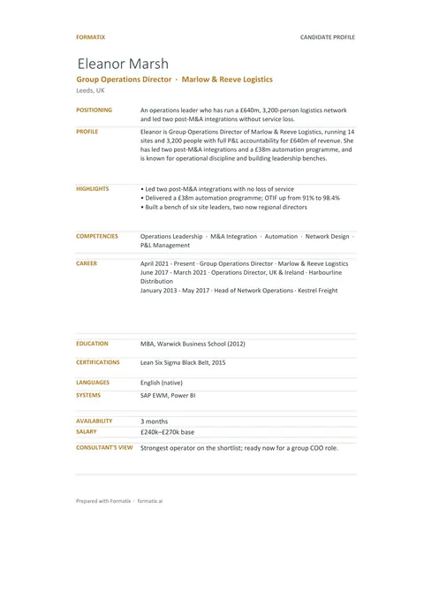 Candidate tracker template, sheet 1: example in Formatix branding with a fictional candidate