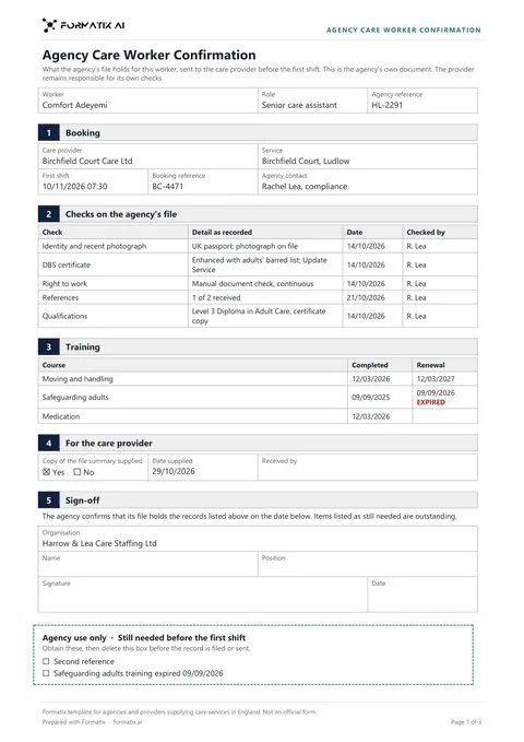 Agency care worker confirmation template, page 1: example in Formatix branding with fictional content