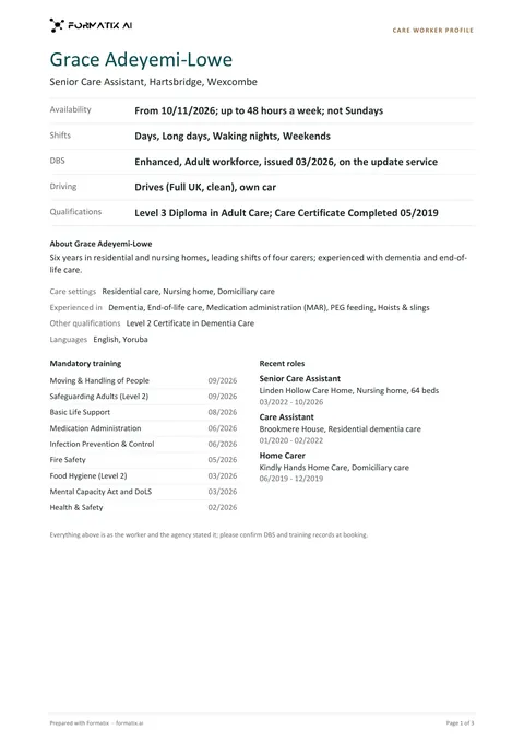 Care worker profile template, page 1: example in Formatix branding with fictional content