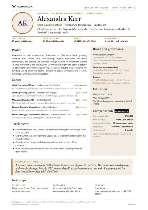 CEO candidate profile template, page 1: example in Formatix branding with a fictional candidate