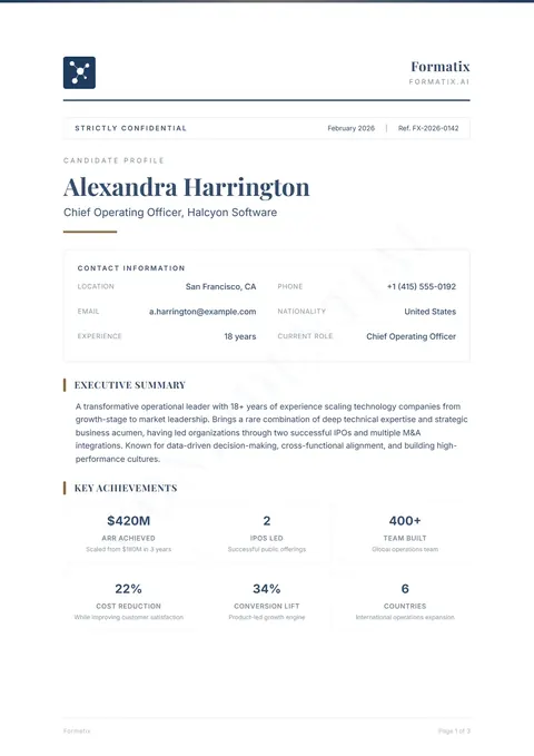 Classic Profile template, page 1: example in Formatix branding with a fictional candidate