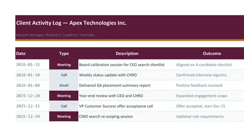 Client Activity Log template, sheet 1: example in Formatix branding with a fictional candidate