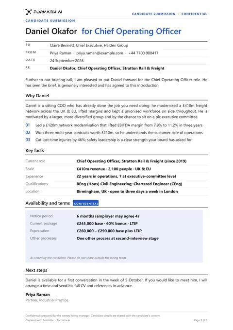Client submittal template, page 1: example in Formatix branding with a fictional candidate