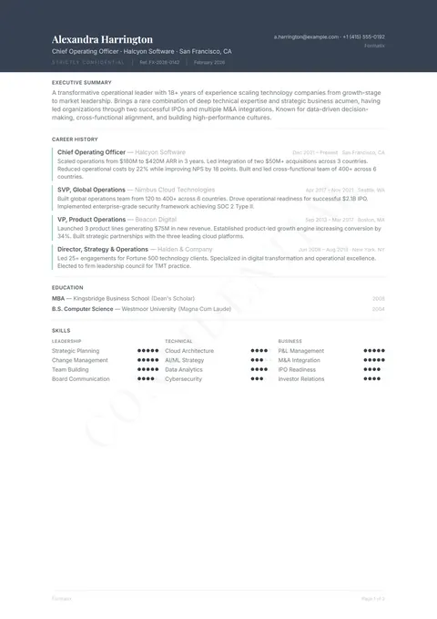 Compact Profile template, page 1: example in Formatix branding with a fictional candidate