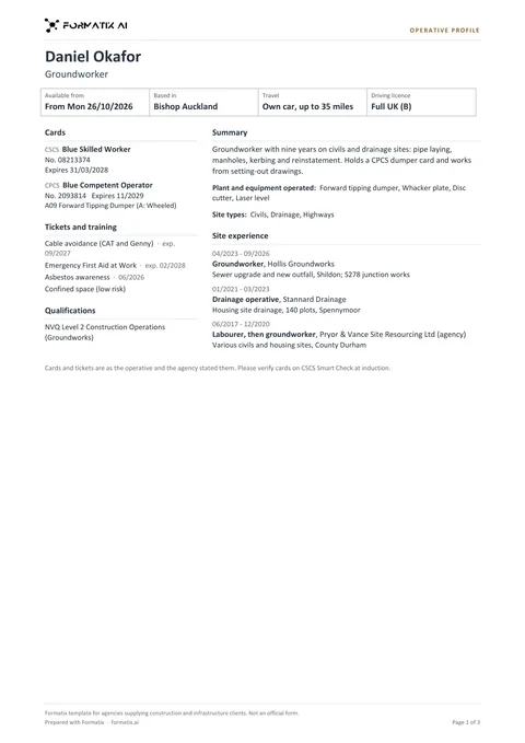 Construction operative profile template, page 1: example in Formatix branding with fictional content
