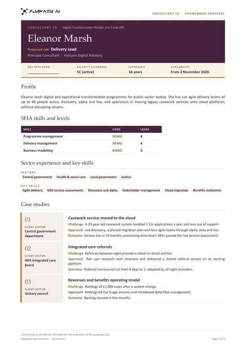 Consultant framework CV template, page 1: example in Formatix branding with fictional content