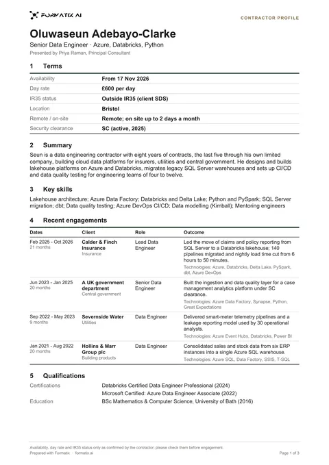 Contractor profile template, page 1: example in Formatix branding with fictional content