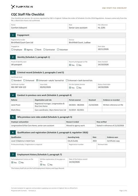 CQC staff file checklist template, page 1: example in Formatix branding with fictional content