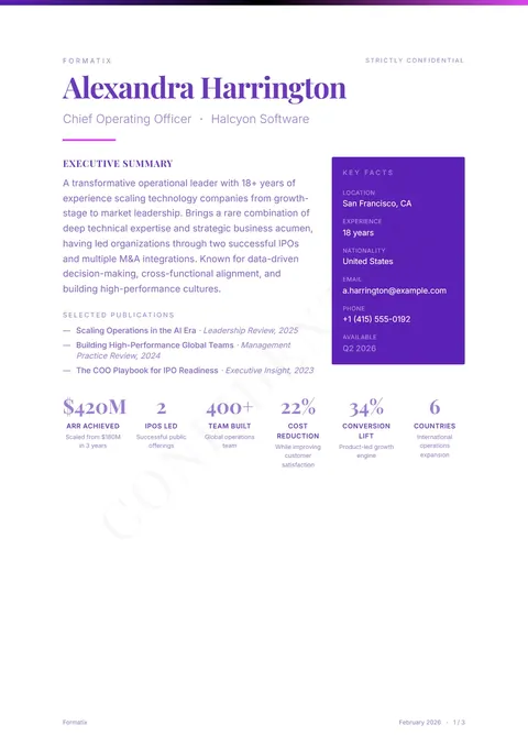 Creative Profile template, page 1: example in Formatix branding with a fictional candidate