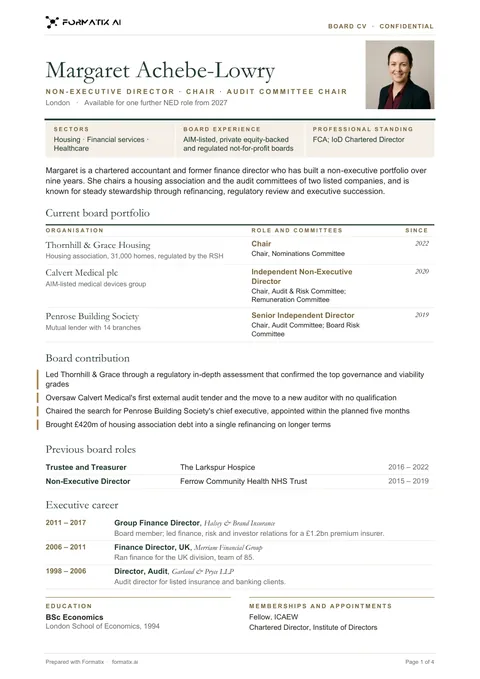 Board and NED CV template, page 1: example in Formatix branding with fictional content