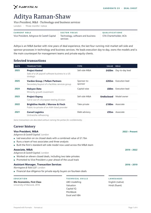 Deal sheet CV template, page 1: example in Formatix branding with fictional content