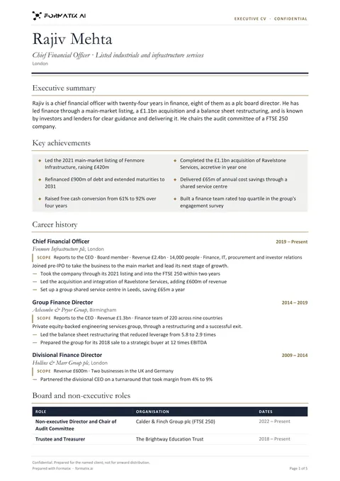 Executive CV (two pages) template, page 1: example in Formatix branding with fictional content