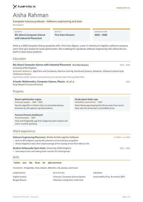 Graduate CV template, page 1: example in Formatix branding with fictional content