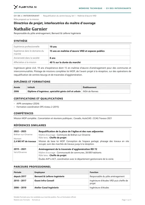 CV des intervenants (French tender team CV) template, page 1: example in Formatix branding with fictional content