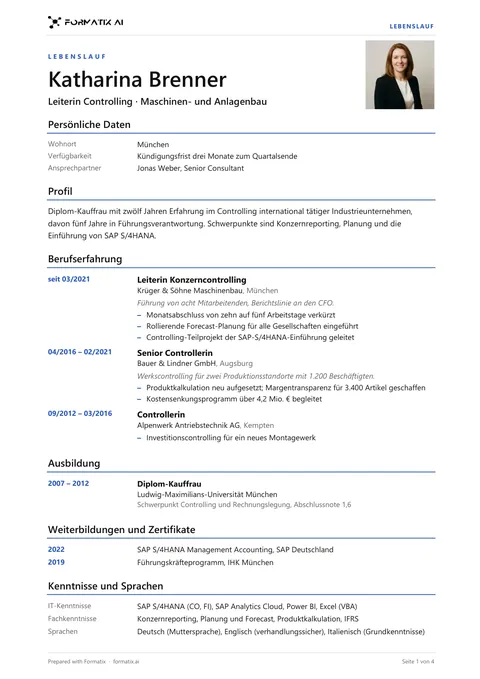 German CV (Lebenslauf) template, page 1: example in Formatix branding with fictional content