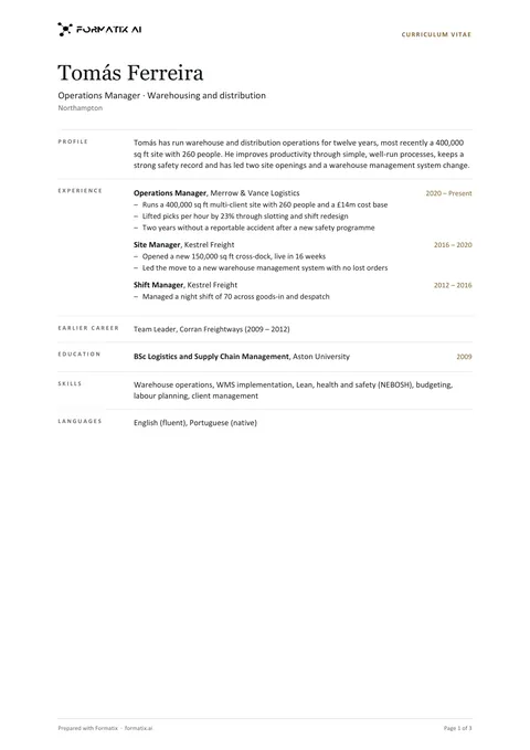 Minimal one-page CV template, page 1: example in Formatix branding with fictional content
