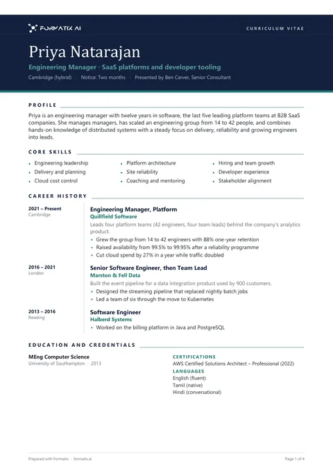 Modern CV with dark header template, page 1: example in Formatix branding with fictional content