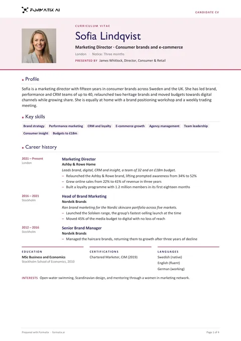 CV with photo header template, page 1: example in Formatix branding with fictional content