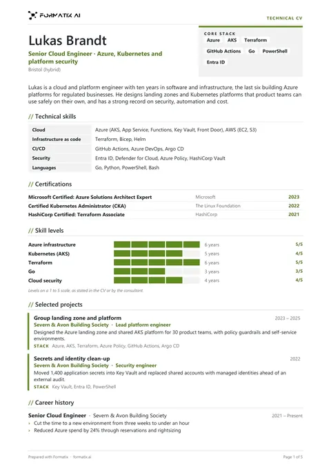 Technical skills CV template, page 1: example in Formatix branding with fictional content