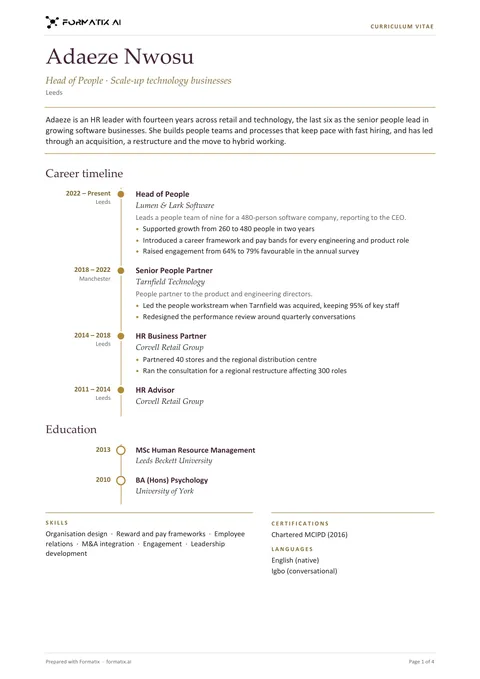 Timeline CV template, page 1: example in Formatix branding with fictional content