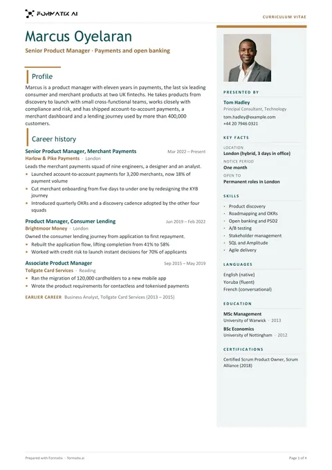 Two-column CV with sidebar template, page 1: example in Formatix branding with fictional content