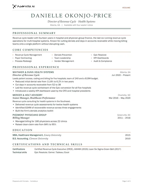 US resume (Letter) template, page 1: example in Formatix branding with fictional content