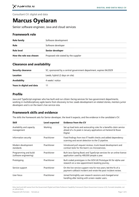 Government Digital and Data role CV template, page 1: example in Formatix branding with fictional content