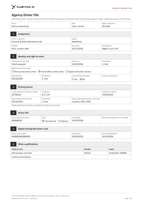 Agency driver file template, page 1: example in Formatix branding with fictional content
