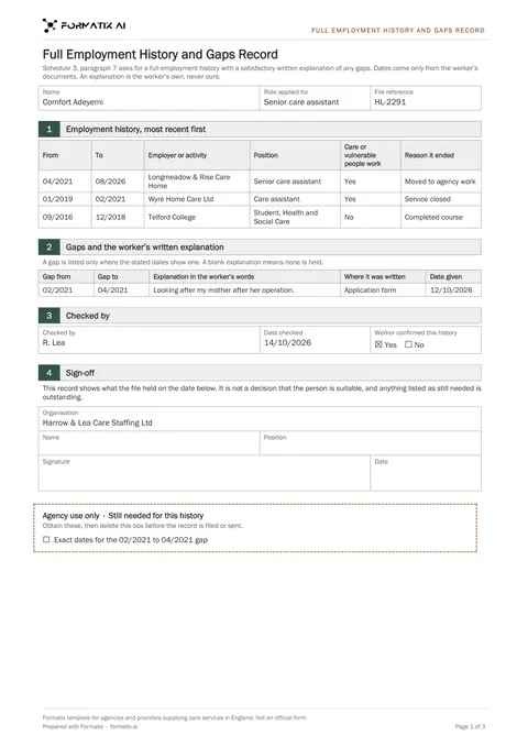Full employment history and gaps record template, page 1: example in Formatix branding with fictional content
