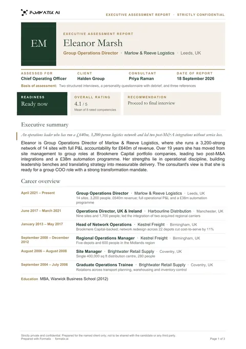 Executive assessment report template, page 1: example in Formatix branding with a fictional candidate