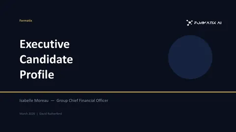 Executive Candidate Profile template, slide 1: example in Formatix branding with a fictional candidate