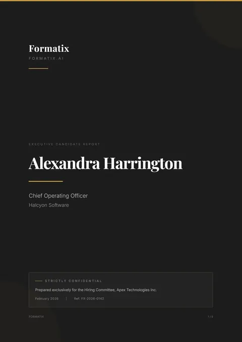 Executive Profile template, page 1: example in Formatix branding with a fictional candidate