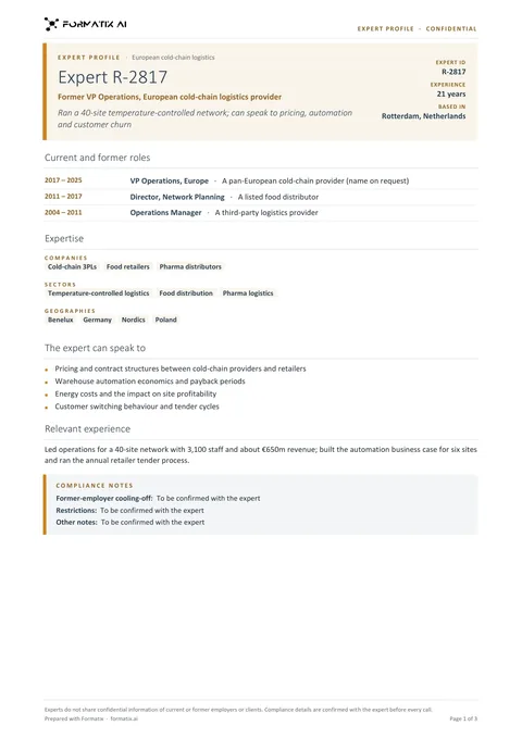Expert network profile template, page 1: example in Formatix branding with fictional content