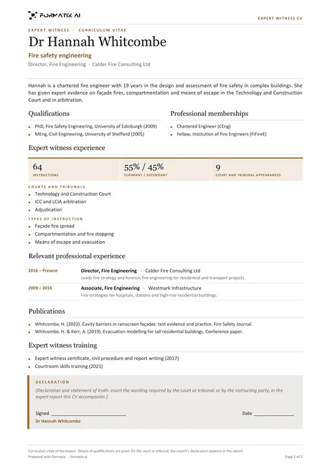 Expert witness CV template, page 1: example in Formatix branding with fictional content