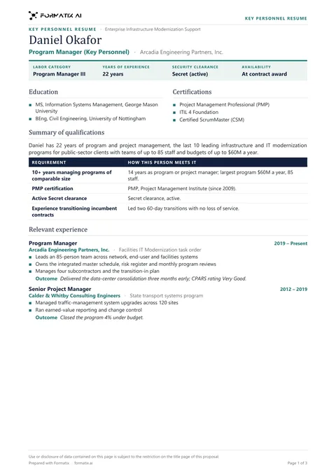 Federal key personnel resume template, page 1: example in Formatix branding with fictional content