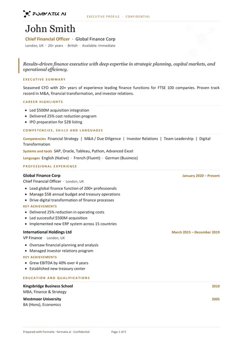 Formatix Executive Profile template, page 1: example in Formatix branding with a fictional candidate