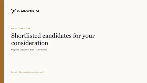 Formatix Shortlist Deck template, slide 1: example in Formatix branding with a fictional candidate