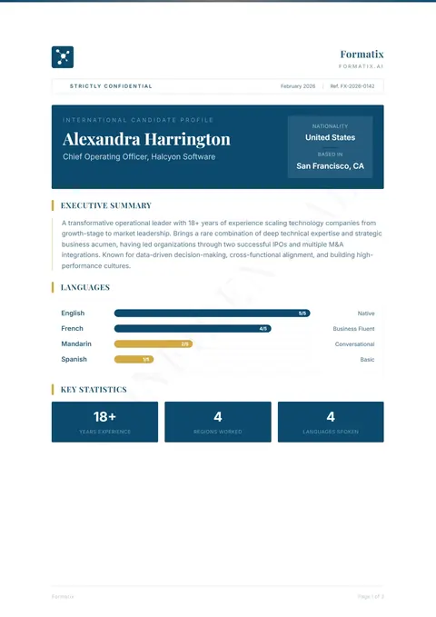Global Executive Profile template, page 1: example in Formatix branding with a fictional candidate