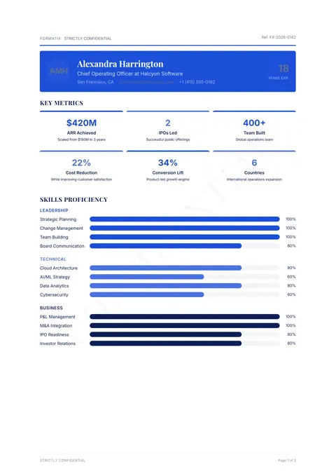Infographic Profile template, page 1: example in Formatix branding with a fictional candidate